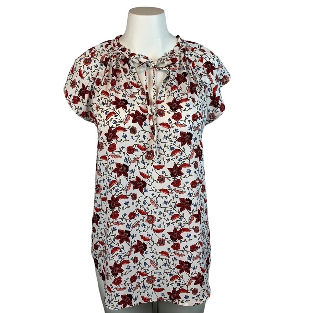 LOFT Round Ruffle Keyhole Tie Neck Floral Blouse- S